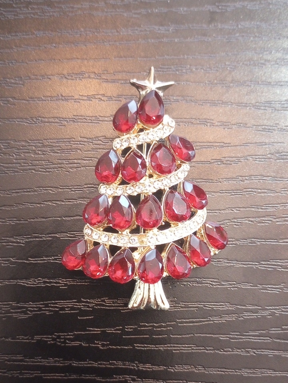 Maroon Burgundy Golden Teardrop Rhinestone Christmas Tree Brooch Pin